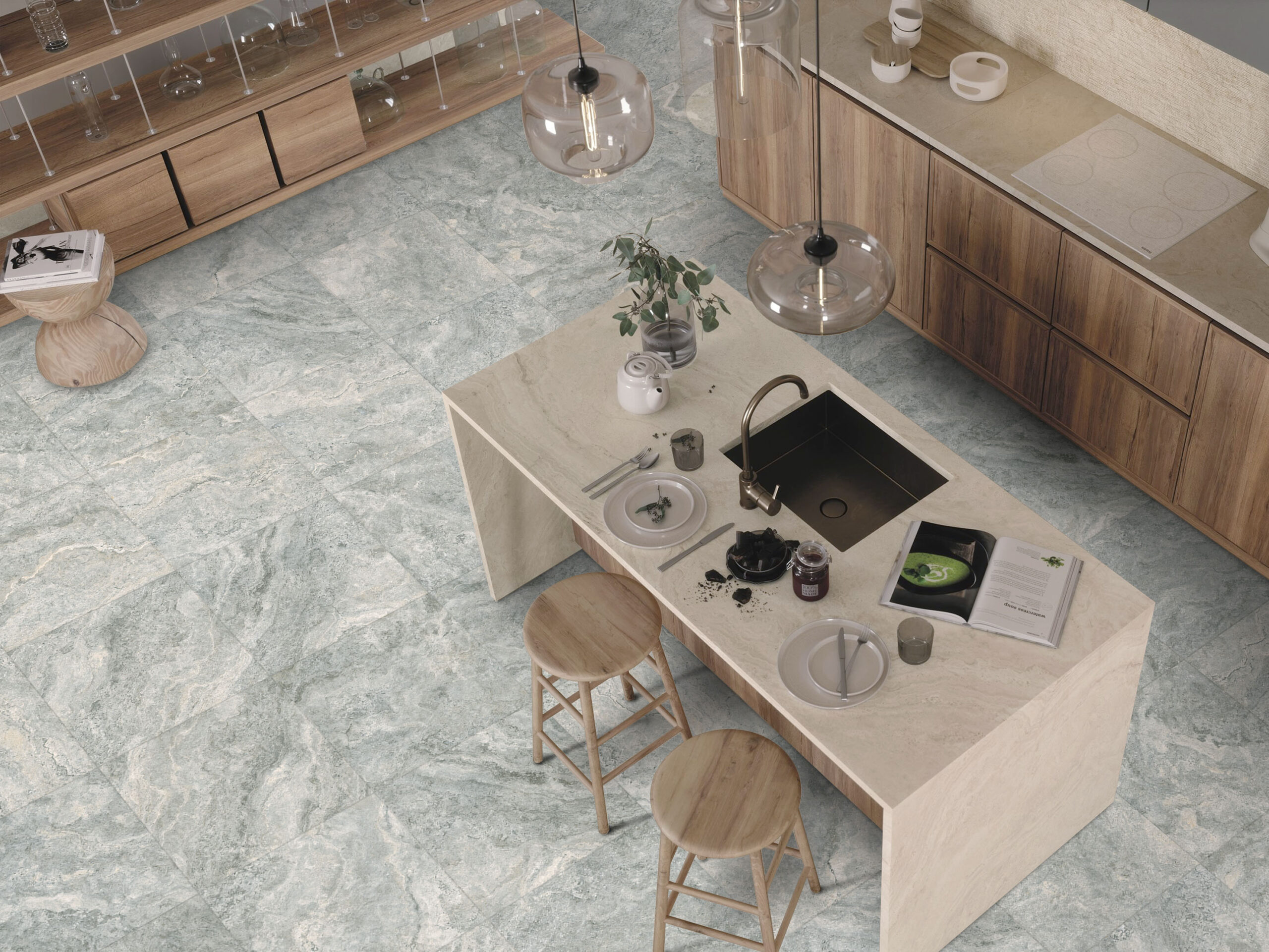 Natural stone tiles in kitchen