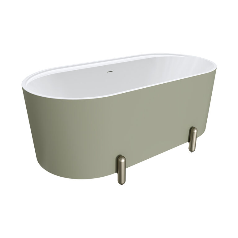 Aluca Freestanding Bath, 1500mm Matte Olive with Brushed Nickel Legs with overflow