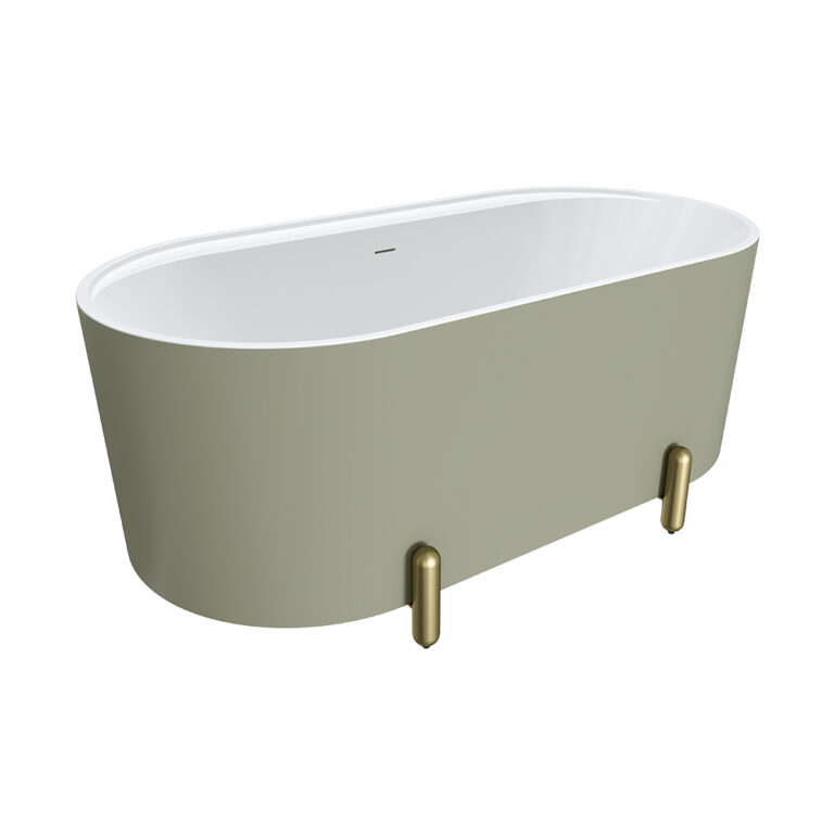 Aluca Freestanding Bath, 1500mm Matte Olive with Urban Brass Legs with overflow