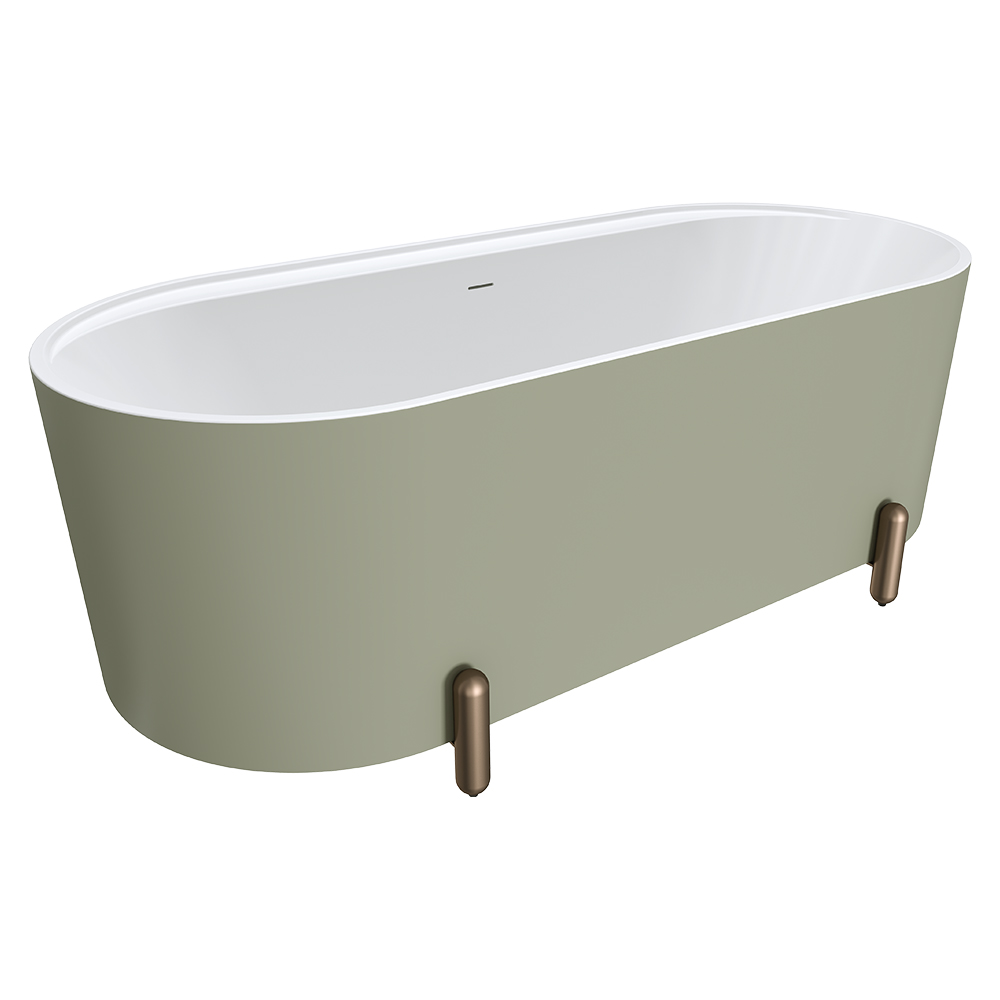 Aluca Freestanding Bath, 1700mm Matte Olive with Brushed Copper Legs with overflow